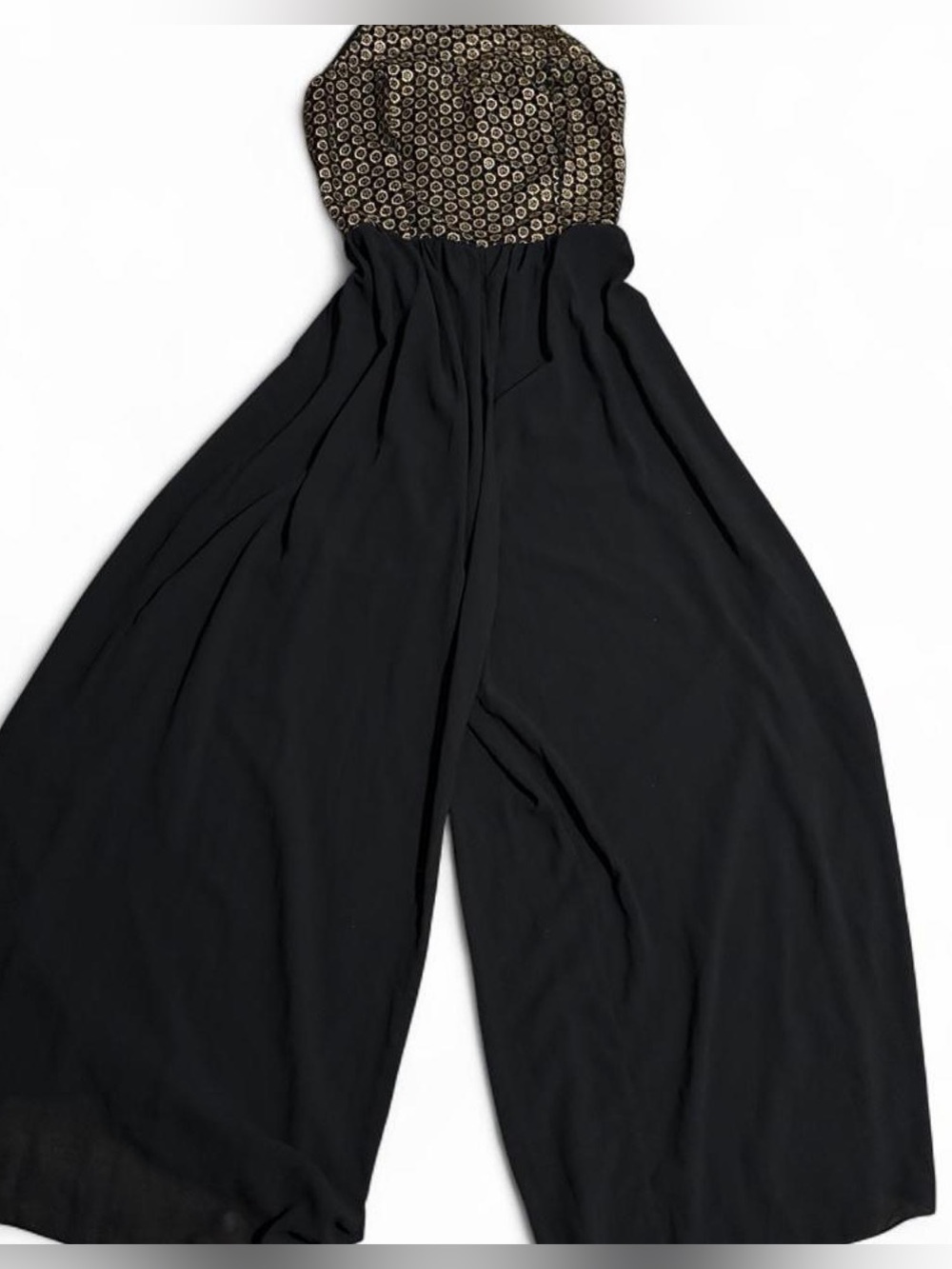 Halter Top Wide-Leg Jumpsuit with Metallic Print Bodice - Black